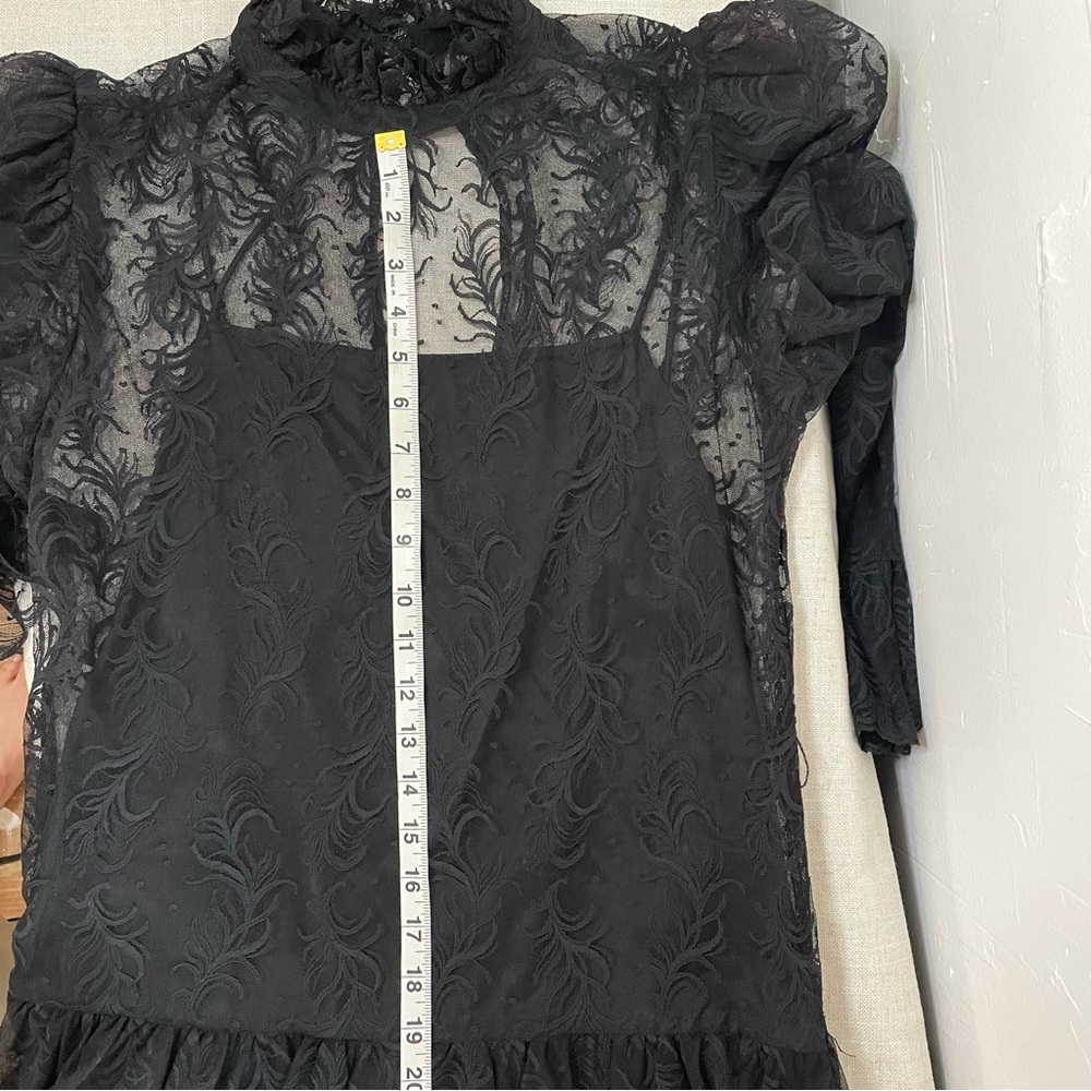 Vintage Black Lace Ruffle High Neck Drop Waist Whimsy Goth Romantic Dress - Picture 14 of 16